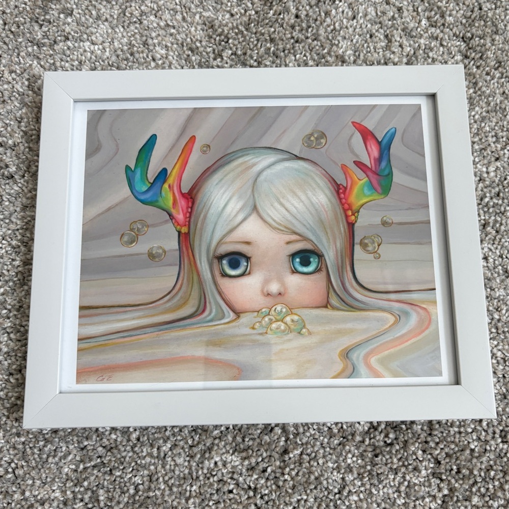 Camilla D’Errico pop manga artist print, framed. Rainbow horns paint drip girl